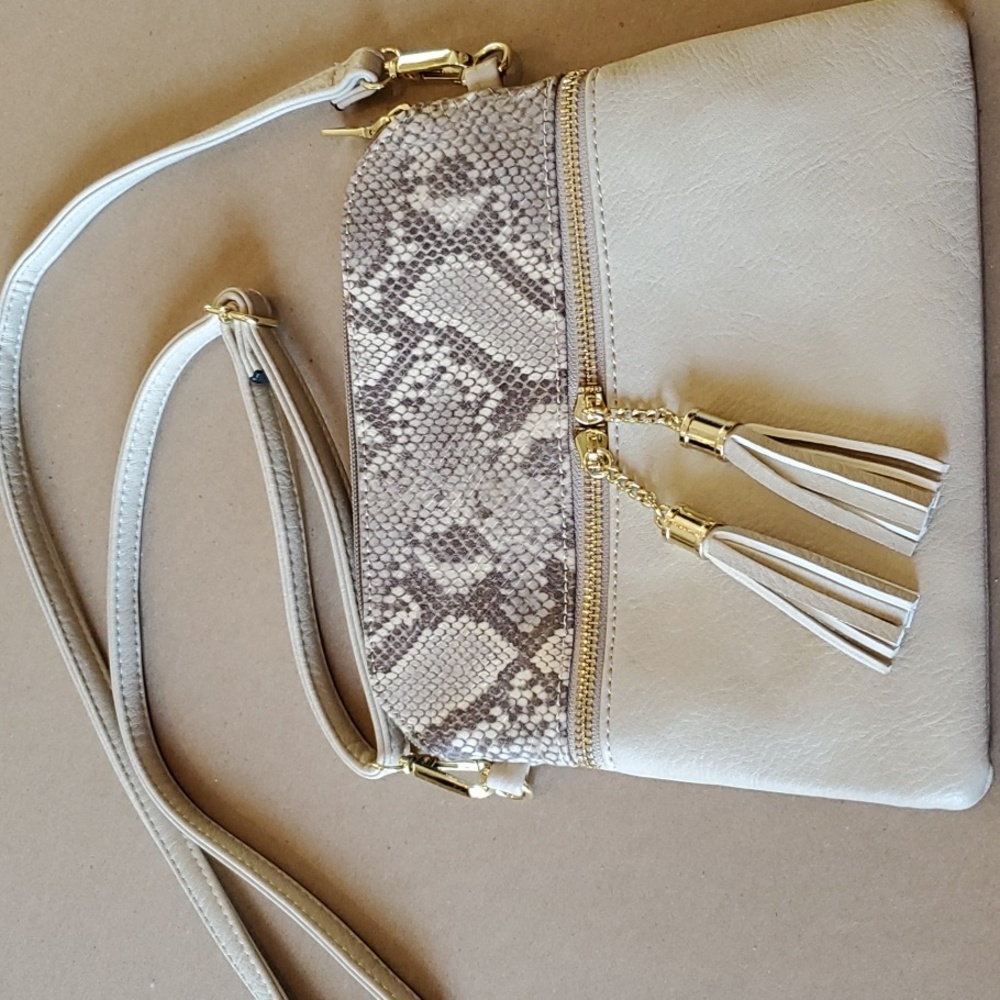 Chic Cream and Tan Crossbody Bag with Tassels